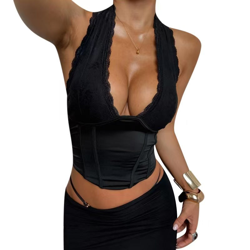 Dame-korset-top med elegant blonde-dekoration og figurskabende snit Skovae