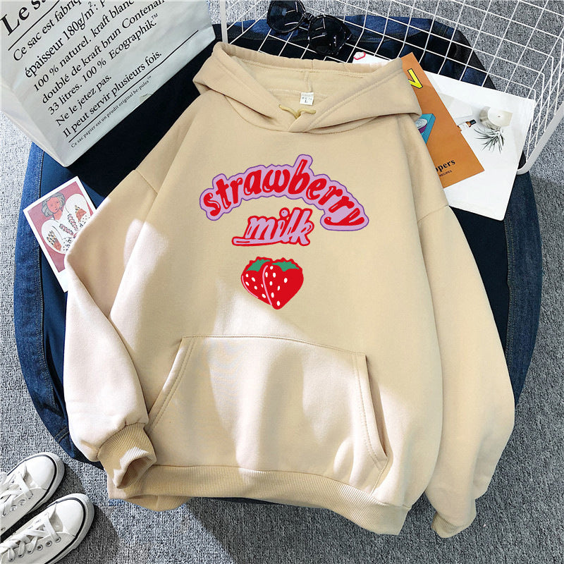 Dame hætte sweatshirt med munter jordbær mælk design Skovae