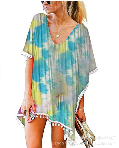 Kvinders strandtunika med blomsterdesign og poncho-stil Stilla