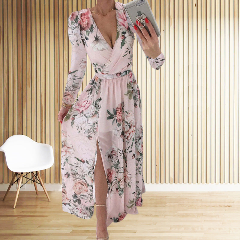 Damer blomst design maxikjole med dyb slids og elegant indpakningslook Stilla