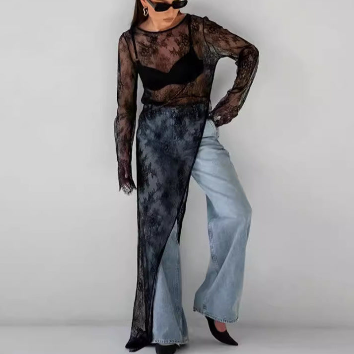 Dame gennemsigtig spidsbluse med figursyet tanktop og elegante detaljer Stilla