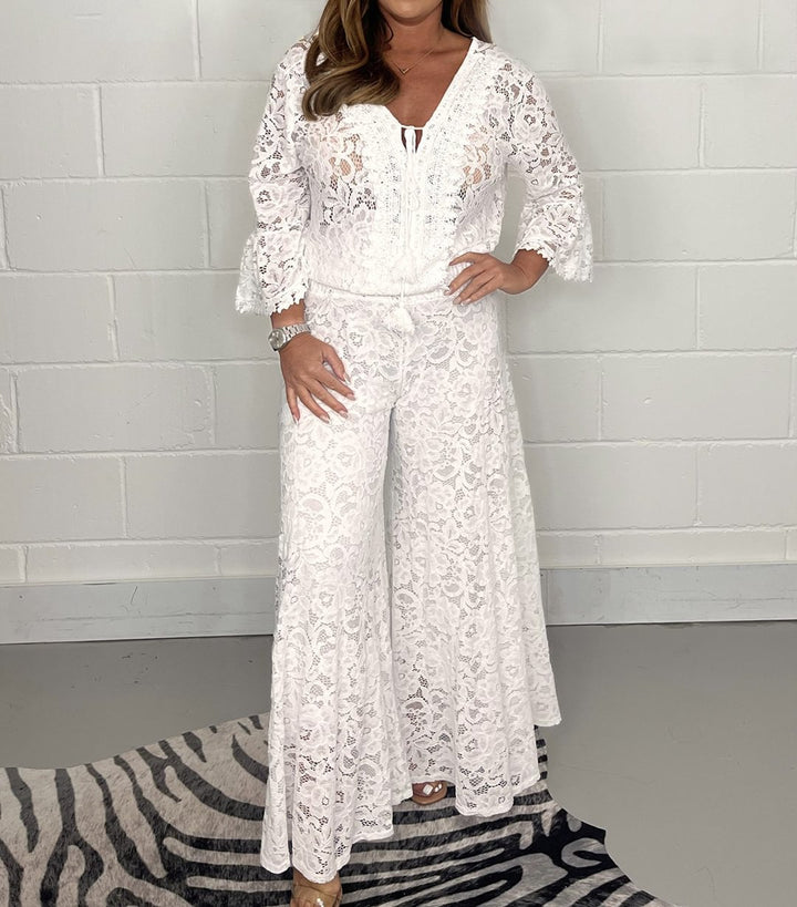 Dame Elegant spidse-outfit med bredt udfoldet bukseben og bindebånd Stilla