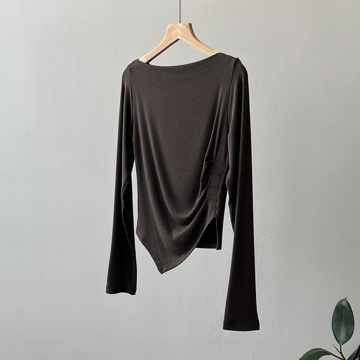 Dame afslappet langærmet skjorte med asymmetrisk snit og raffineret draperingsdesign Stilla