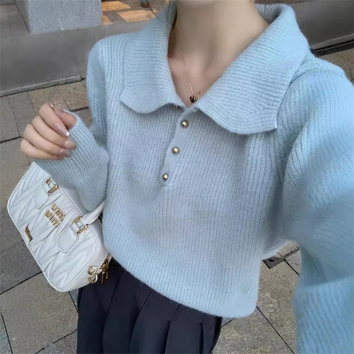 Kvinders sweater med tekstureret polo krave og knapdetaljer Stilla