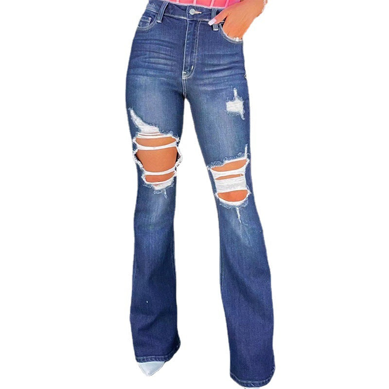 Dame udvidede jeans med fashionable beskadigede effekter og høj talje Skovae