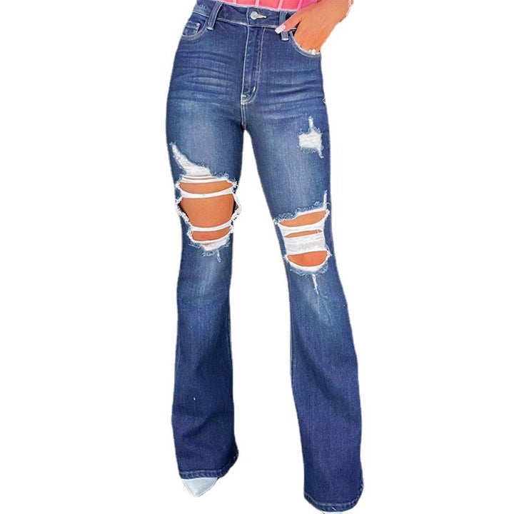 Dame udvidede jeans med fashionable beskadigede effekter og høj talje Skovae