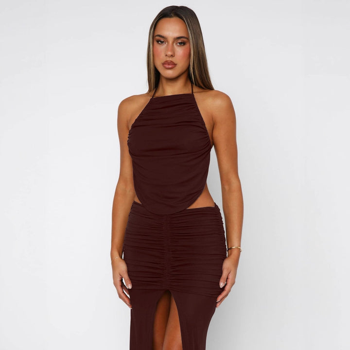 Dame elegant lang jumpsuit med rynket overdel og højt ben split Stilla