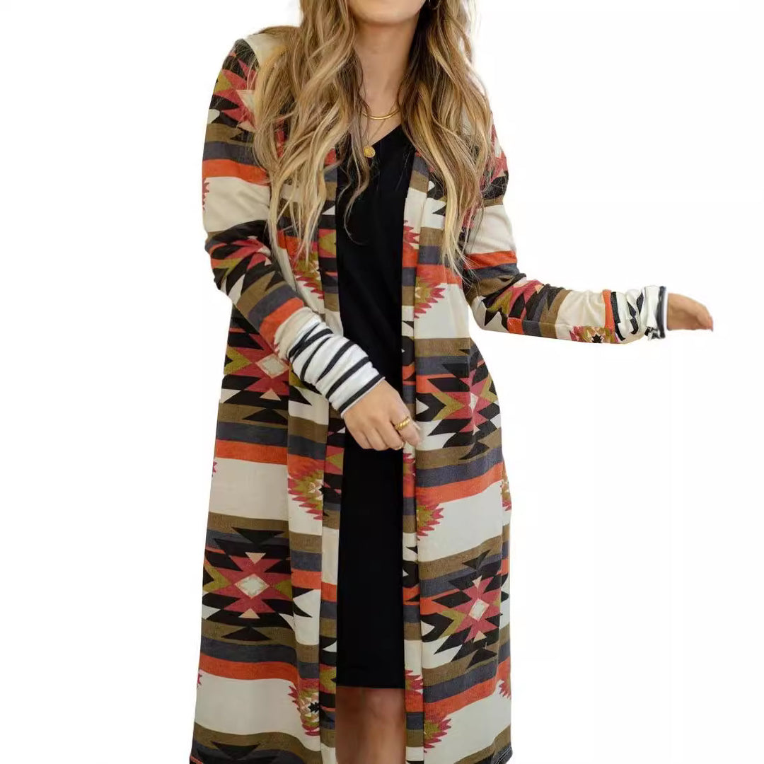 Kvinders langærmet kimono cardigan med unikt mønster Stilla