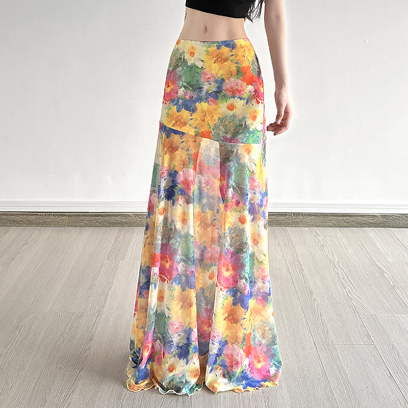 Dame Maxi-nederdel med floralt chiffon-design og svajende kant Skovae
