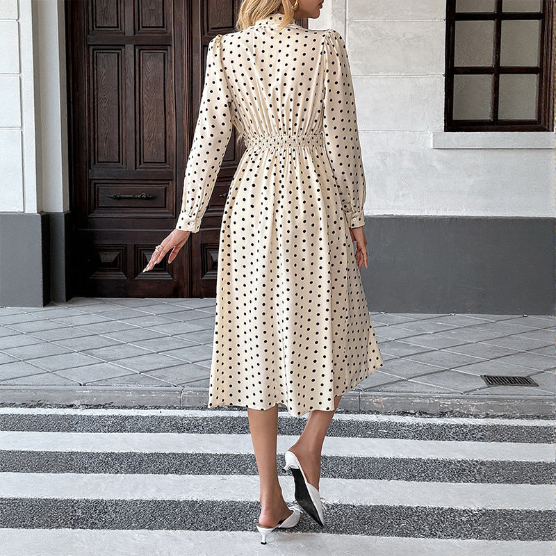 Kvindernes Polka Dot Midi Kjole med Sløjfe Krave og Lange Ærmer Stilla