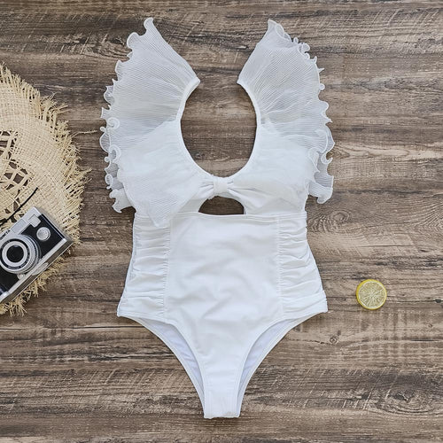 Dame one-piece badedragt med voluminøse flæsedetaljer og elegant V-udskæring Stilla