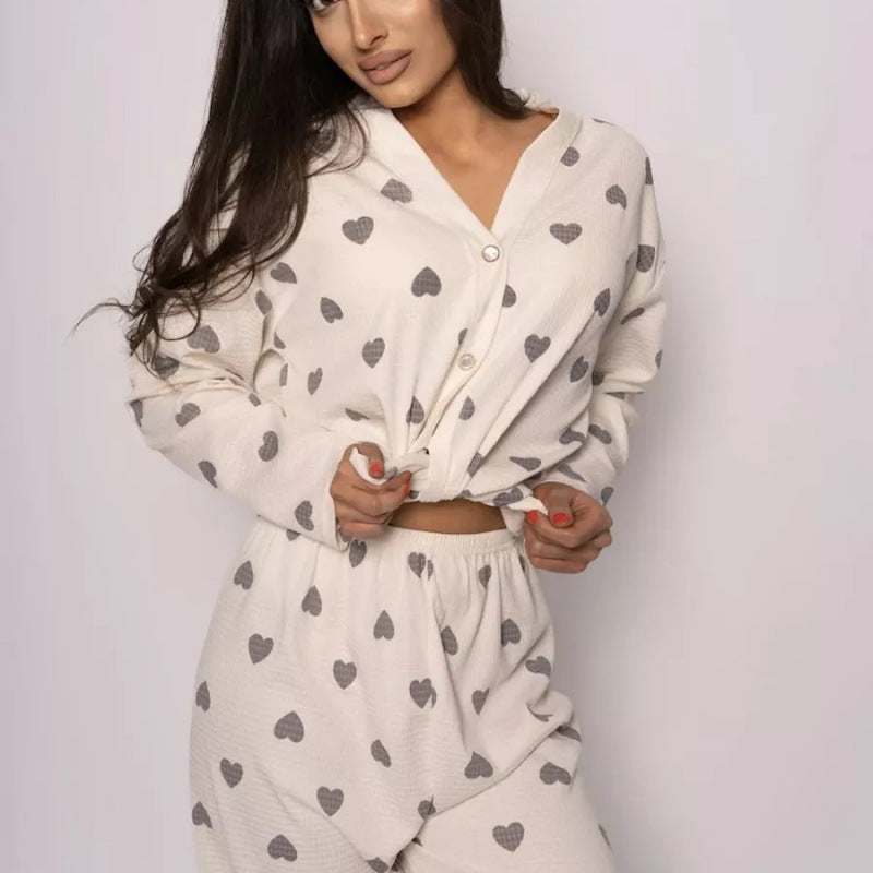 Femme Cozy Hjerte Tryk Loungewear Sæt Stilla
