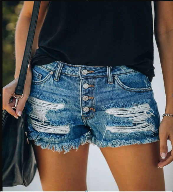 Dame Høj Talje Denim-Shorts med frieset Kant Stilla