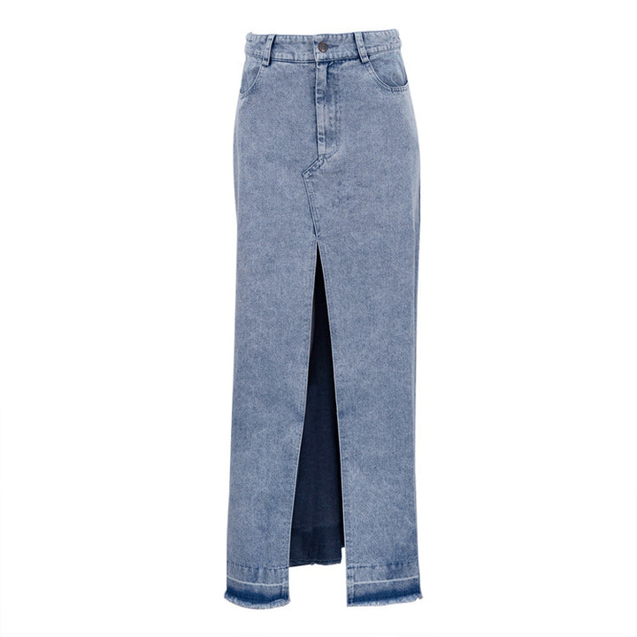 Dame Denim-maxikjole med sidelids og frynset kant Stilla