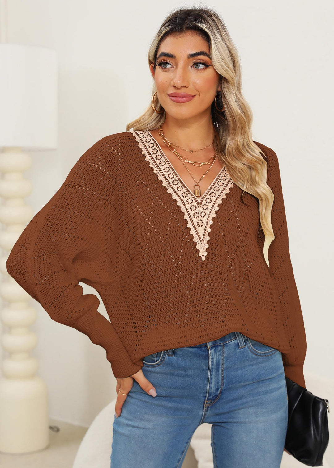 Damer Åben-Strik V-Udskæring Sweater Stilla
