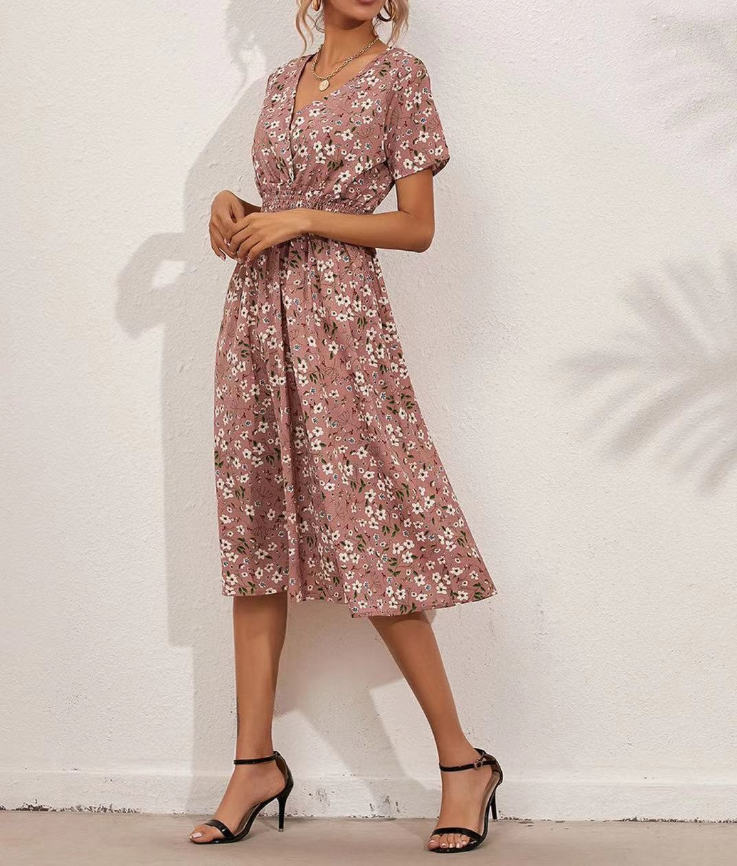 Dame blomstertryk midi kjole med draperet taljedetalje Stilla