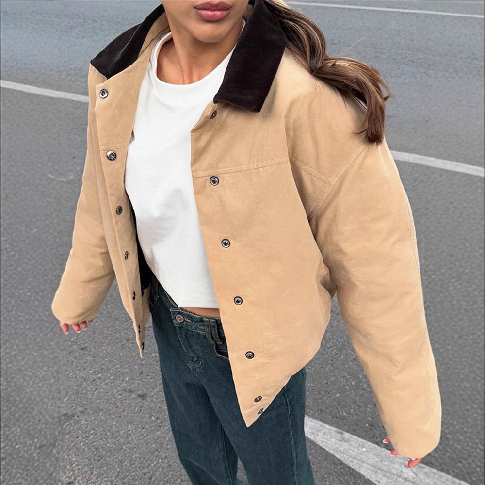 Dame mode Oversized-jakke med fløjlskrave og trykknaplukning Stilla