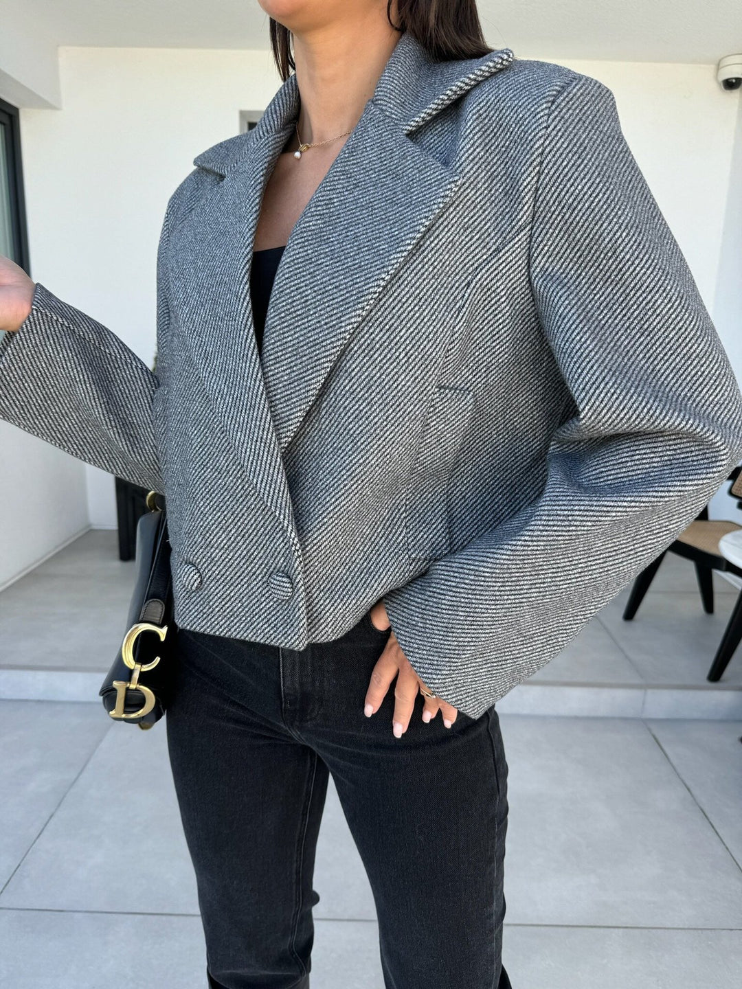 Dame moderigtig Cropped Blazer med dobbelte knapstolper og struktureret stof Stilla