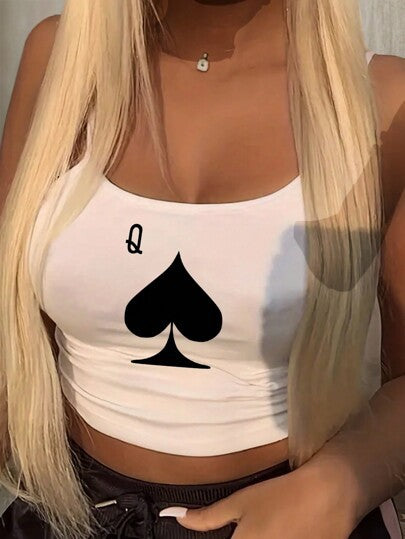 Dame Crop-top med kreativt kortspil-motiv Skovae