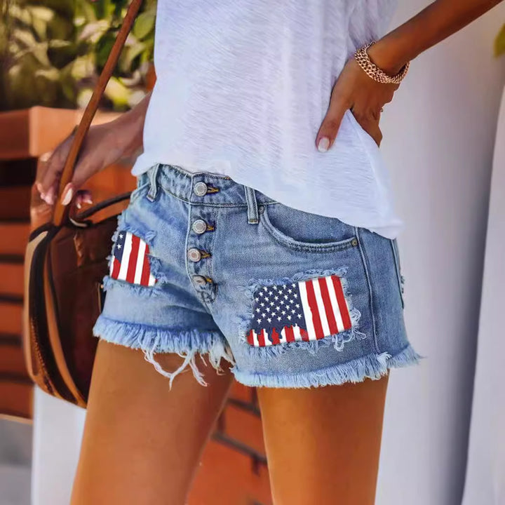 Dame Jeans-shorts med farverige patcher Stilla