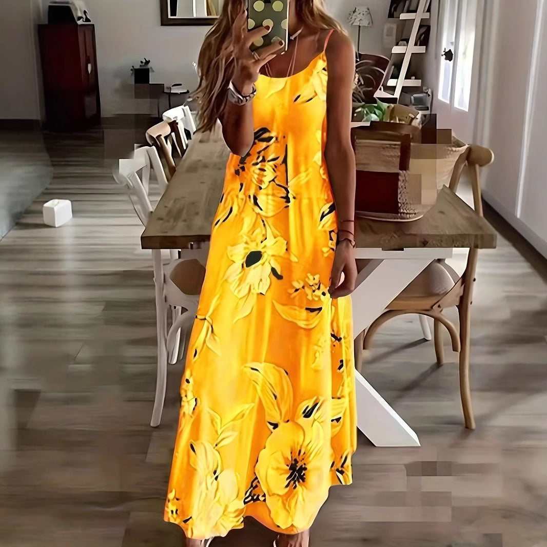 Dame Maxikjole med blomsterprint og smalle stropper Stilla