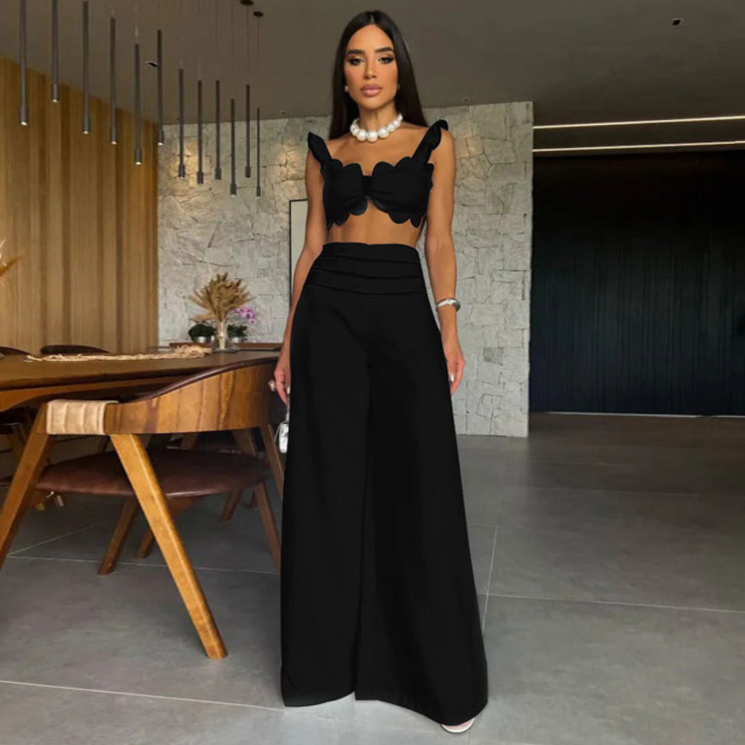 Dame sæt med crop-top og bred high-waist bukser Stilla