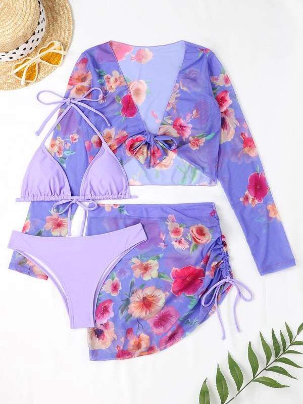 Dame blomstermønster crop top og miniskørt sæt Stilla