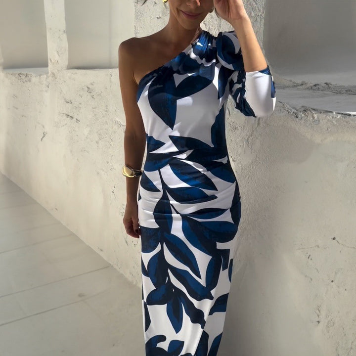 Dame elegant asymmetrisk Maxi-kjole med blomstermotiv og puffærmer Stilla