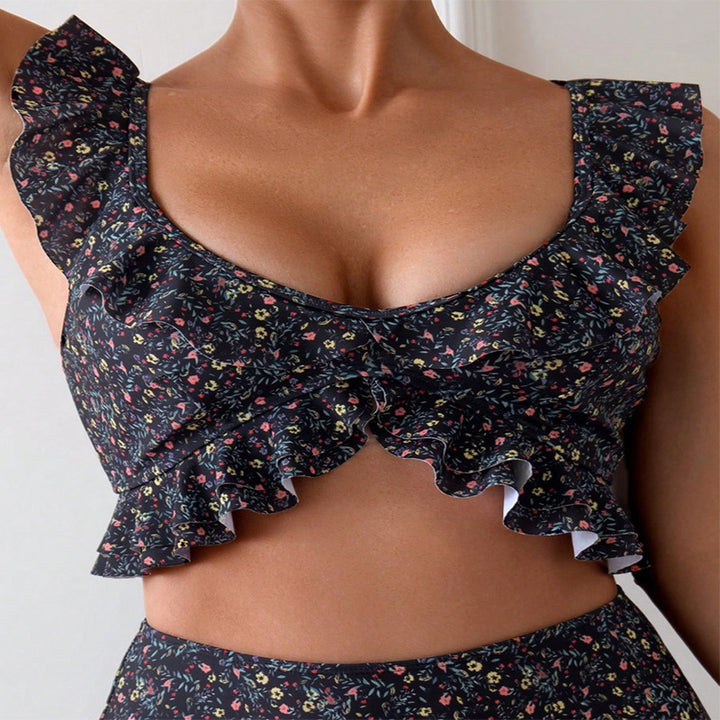 Dame Højskåret bikini med blomsterpuffdesign Skovae
