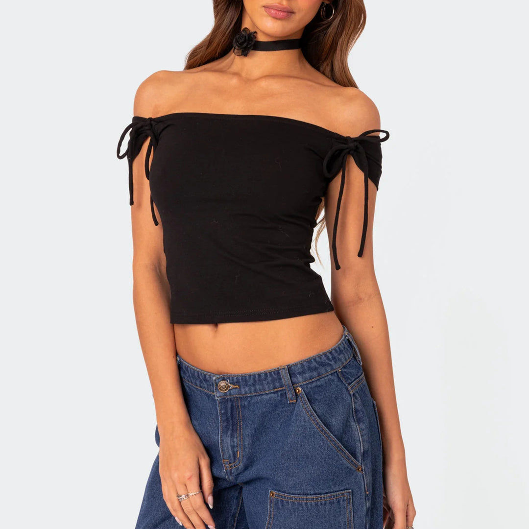 Dame raffineret Off-Shoulder T-shirt med elegante bindebånd Skovae