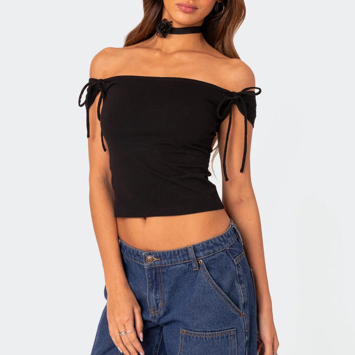 Dame raffineret Off-Shoulder T-shirt med elegante bindebånd Skovae