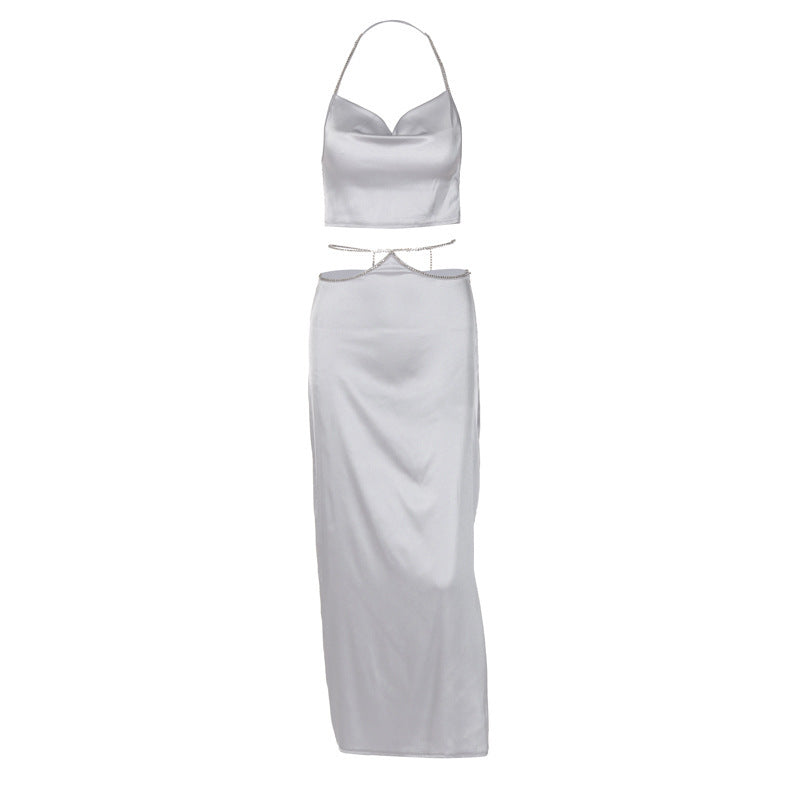 Dame To-delt Sæt med Crop-Top og Maxi-Nederdel i satinslignende materiale Stilla