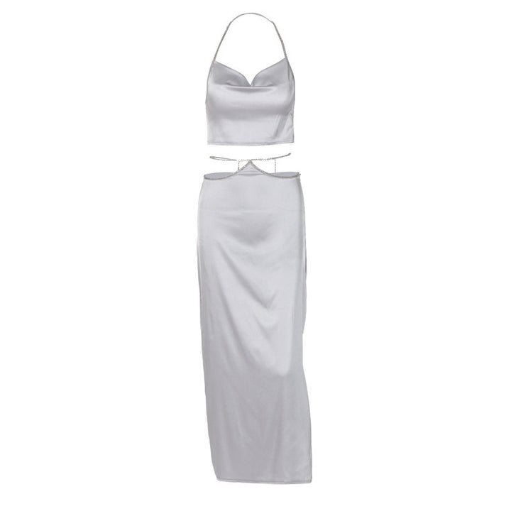 Dame To-delt Sæt med Crop-Top og Maxi-Nederdel i satinslignende materiale Stilla