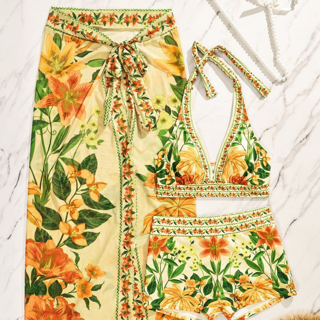 Dame Bikiniset med floral lang overtræk Skovae