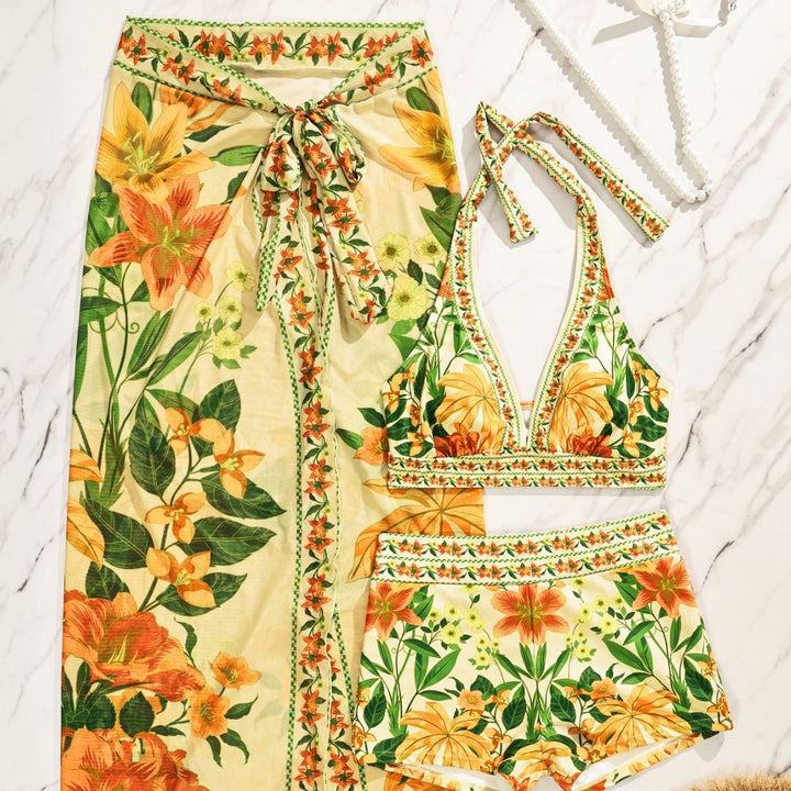 Dame Bikiniset med floral lang overtræk Skovae