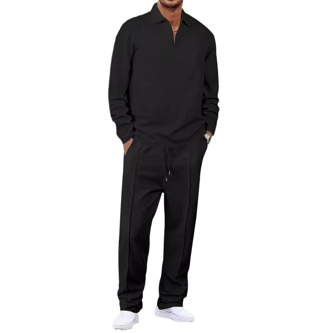Unisex nan Vaffelstruktur Fritids-sæt med Halvzip-Polo-shirt og elastisk Bundbukser Skovae
