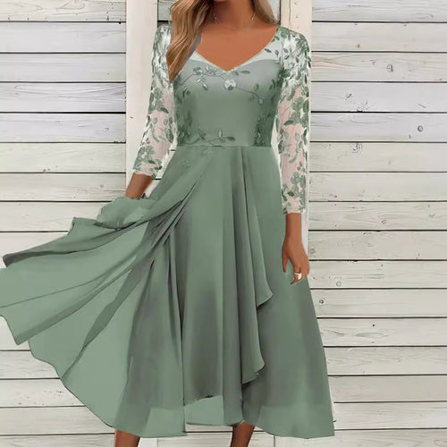 Dame nan V-hals chiffon midikjole med broderet bustier, gennemsigtige trekvartærmer og asymmetrisk lagkjole Skovae