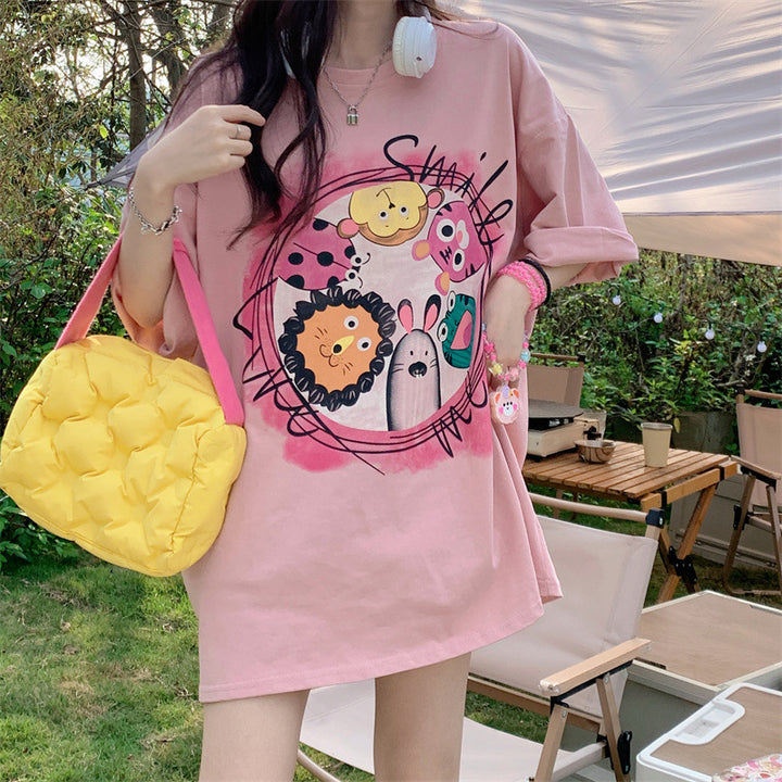 Dame oversized T-shirt med kreativ dyreprint og afslappet snit Stilla