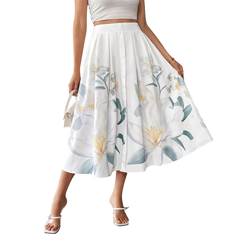 Dame Floral Print A-linje Midi Nederdel Stilla