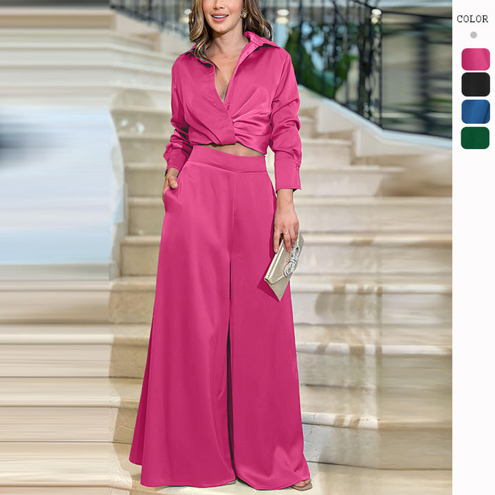 Dame elegant to-delt med cropped bluse og vidde bukser Stilla
