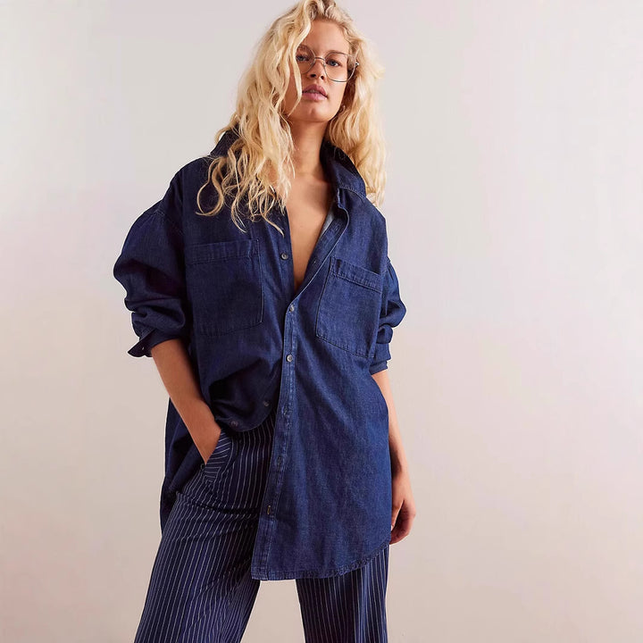 Dame Oversized Denim-Skjortejakke med praktiske lommer og moderne design Stilla