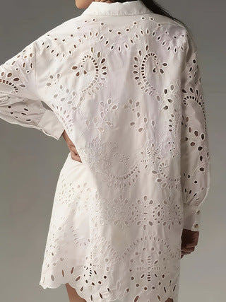 Femme Eyelet Detail Knap-Up Tunika Skjorte Stilla