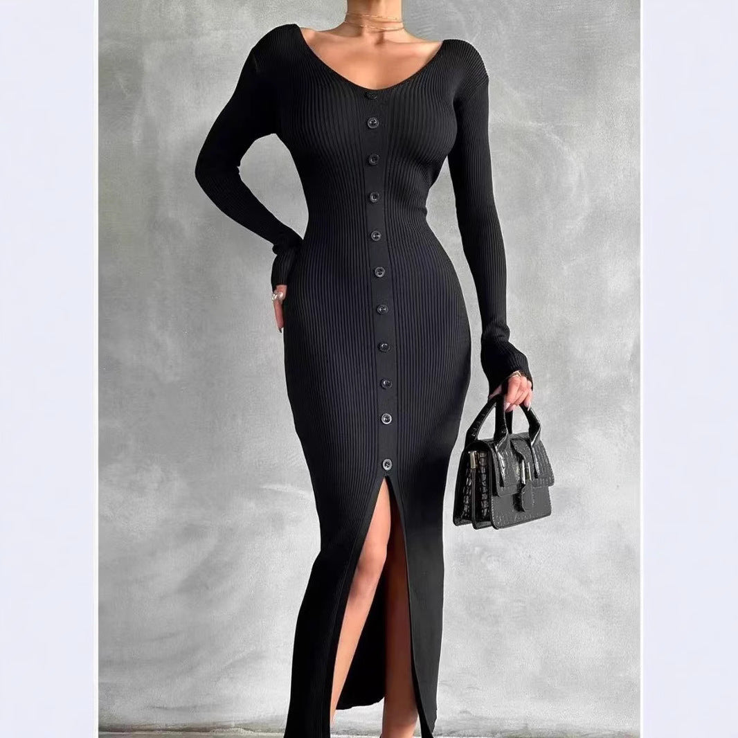 Kvinders Strikkjole med V-hals og Fuldt Knappet Lukkemekanisme Stilla