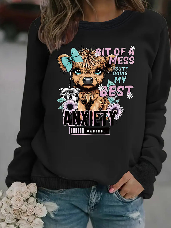 Kvinders sweatshirt med kreativ hundedesign og inspirerende skrift Stilla