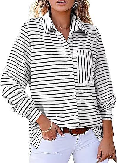 Damer Casual Stribet Bluse med Lomme og Knapstolpe Stilla