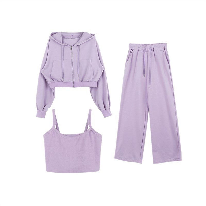 Kvinders fashionable tre-delt sæt med cropped hoodie, tank top og brede bukser Stilla