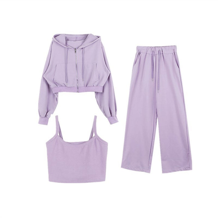 Kvinders fashionable tre-delt sæt med cropped hoodie, tank top og brede bukser Stilla