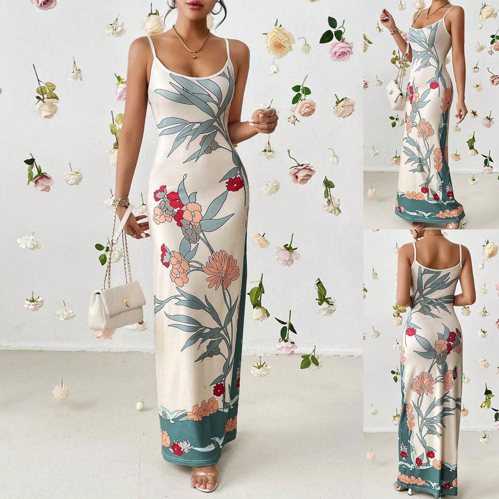 Dame fritids-maxikjole med blomsterprint og smalle stropper Stilla