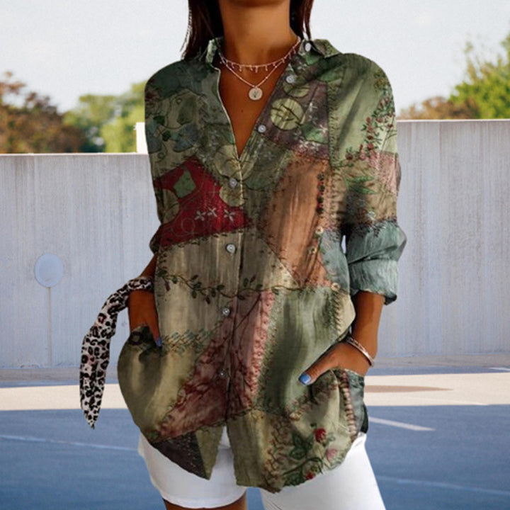 Dame Casual Skjortebluse med kreativt Patchwork-design Stilla