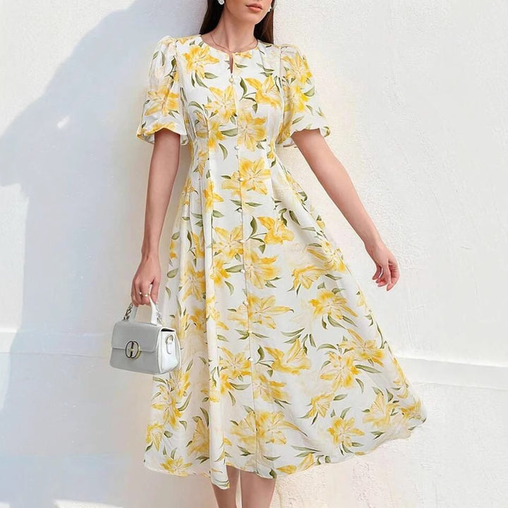 Dame Blomster Puffærme Midi Kjole Stilla